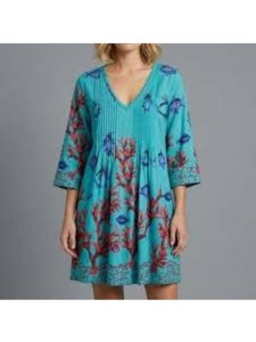 Soft Surroundings Seychelles Ocean Fish Print Pleated Beaded Tunic Top Small